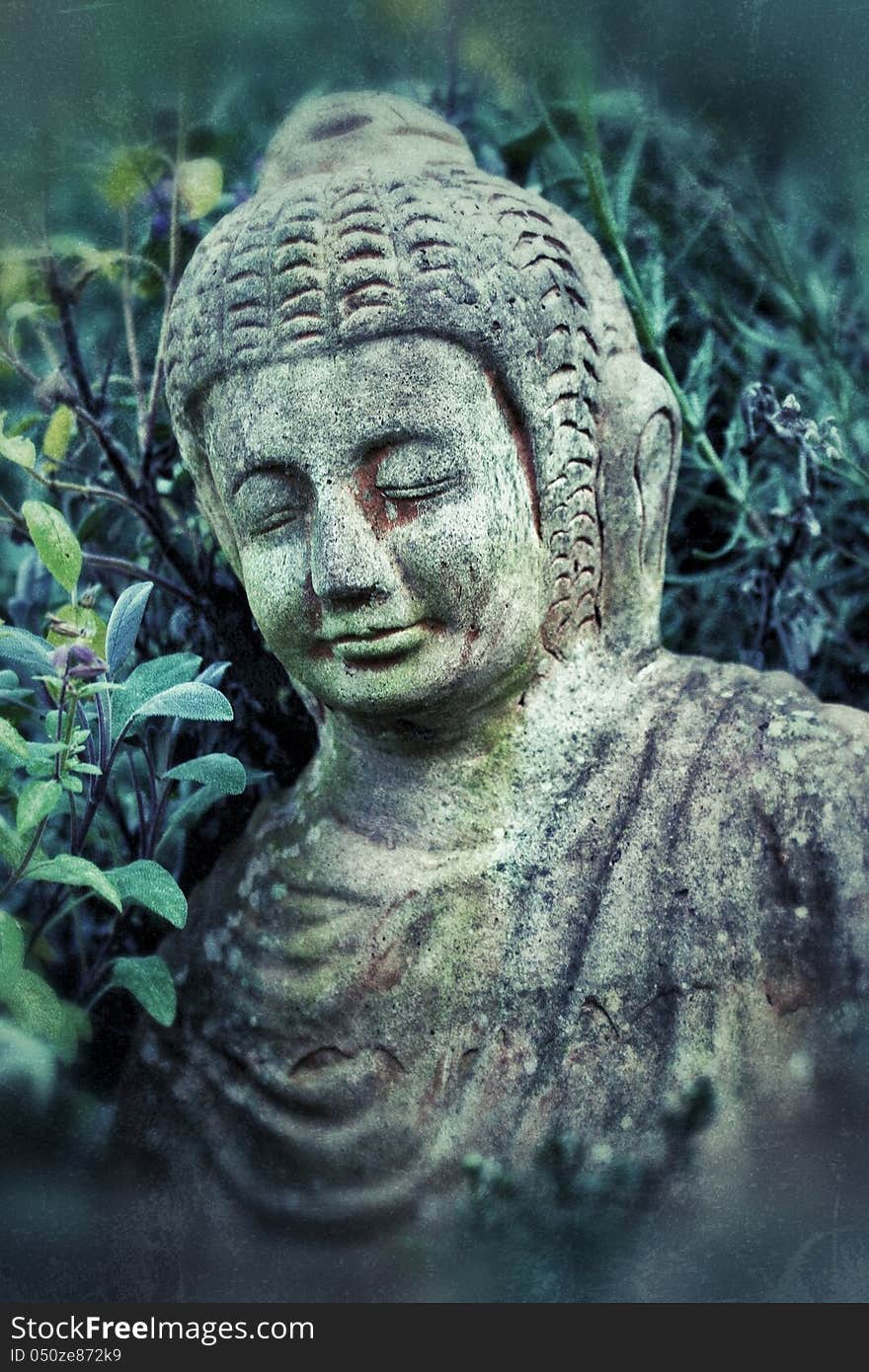 Budda stone against green background