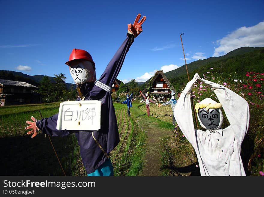 Scarecrow in Shirakawago village, Japan. Scarecrow in Shirakawago village, Japan