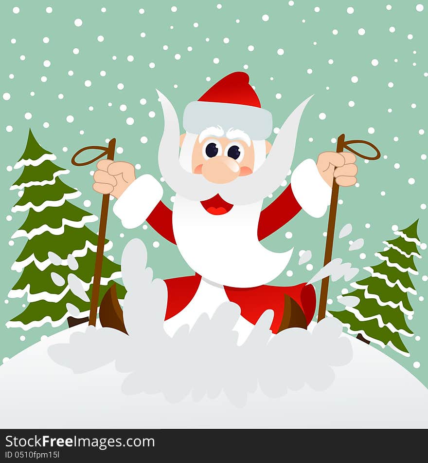 Santa rushes to skis through the woods. Santa rushes to skis through the woods