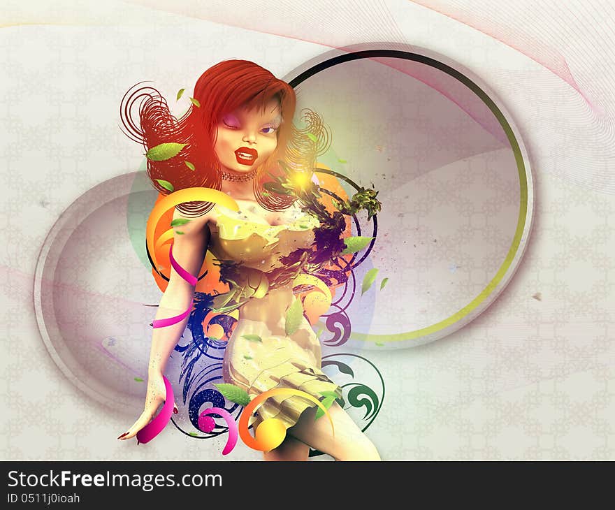 Illustration of beautiful fashion3d girl with flourish background. Illustration of beautiful fashion3d girl with flourish background.