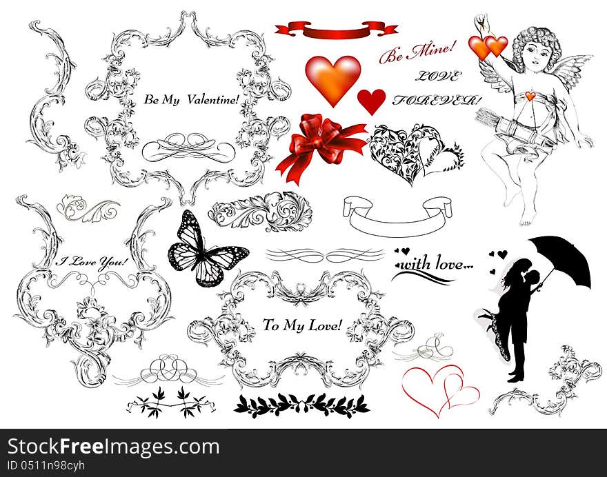 Collection of calligraphic design elements on St Valentine s day