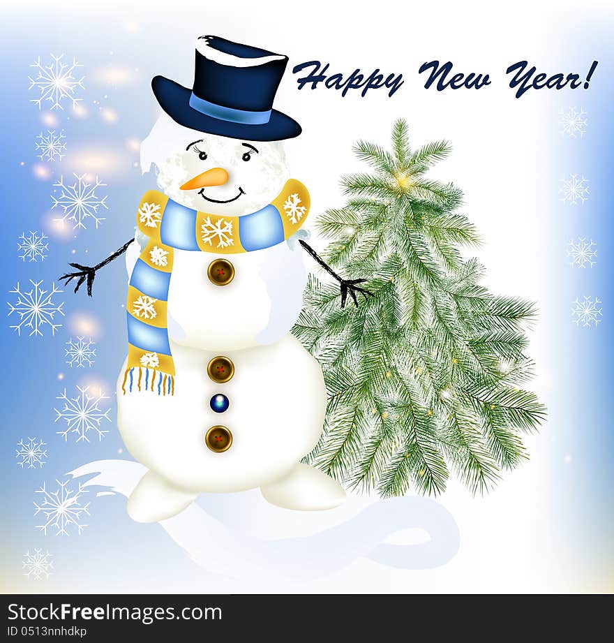 Christmas vector New year greeting card with snowman and fir tree