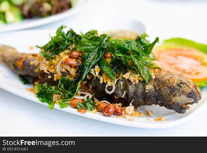 Fried fish and mint leaves  on white plate