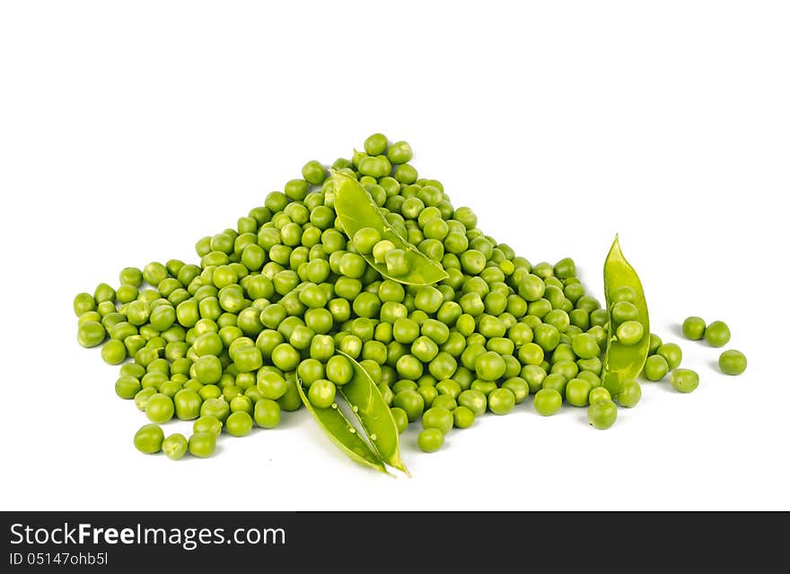 Heap of Green Peas with some open pods, on white.