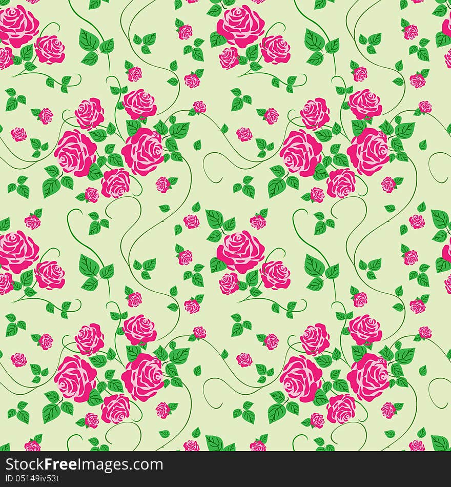 Vector seamless pattern with rose on green background