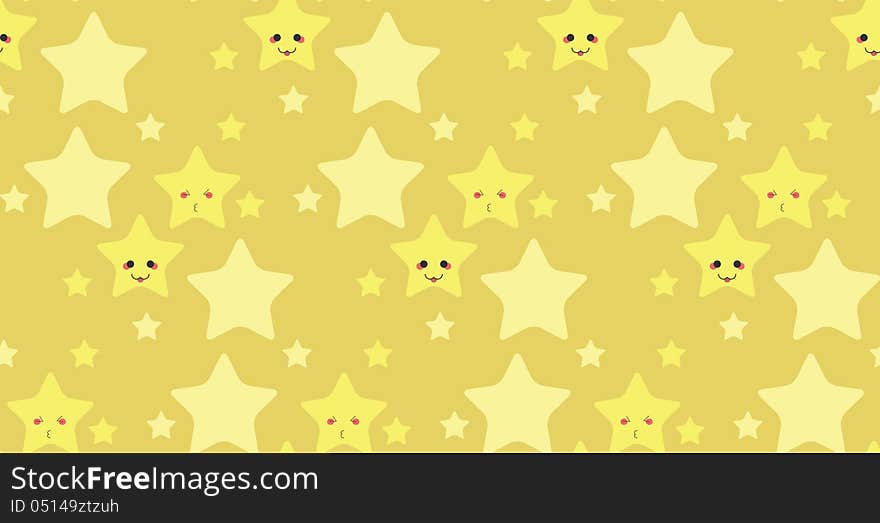 Illustration of cute yellow stars with faces pattern background. Illustration of cute yellow stars with faces pattern background.