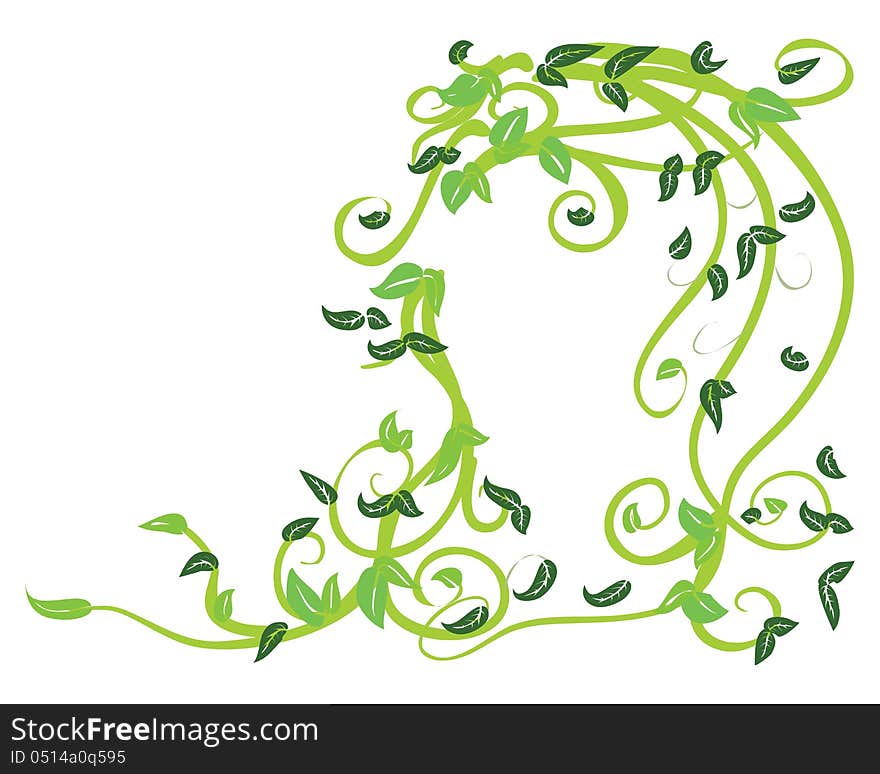 Illustration of abstract green floral ornament on white background.