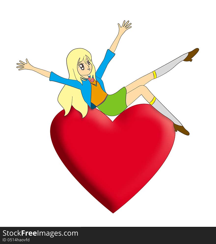 Illustration of a very happy girl sitting on a giant heart. Illustration of a very happy girl sitting on a giant heart