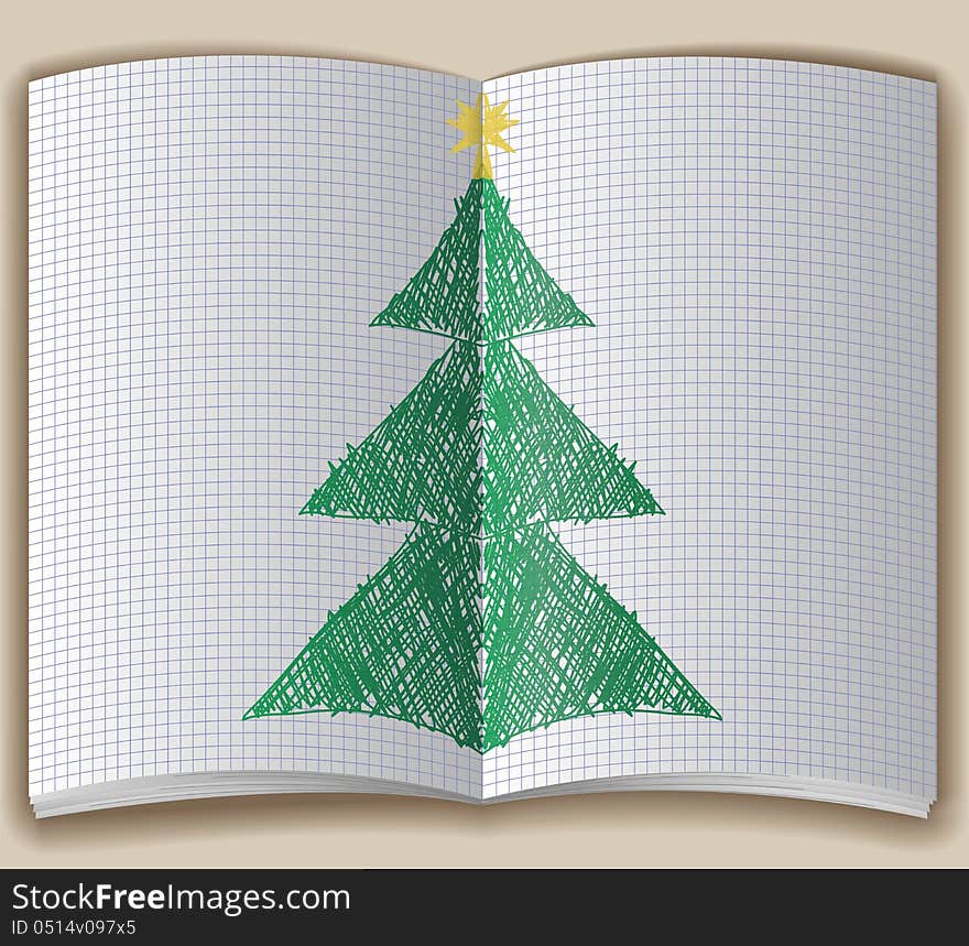 Open notebook with hand-drawn Christmas tree. Open notebook with hand-drawn Christmas tree