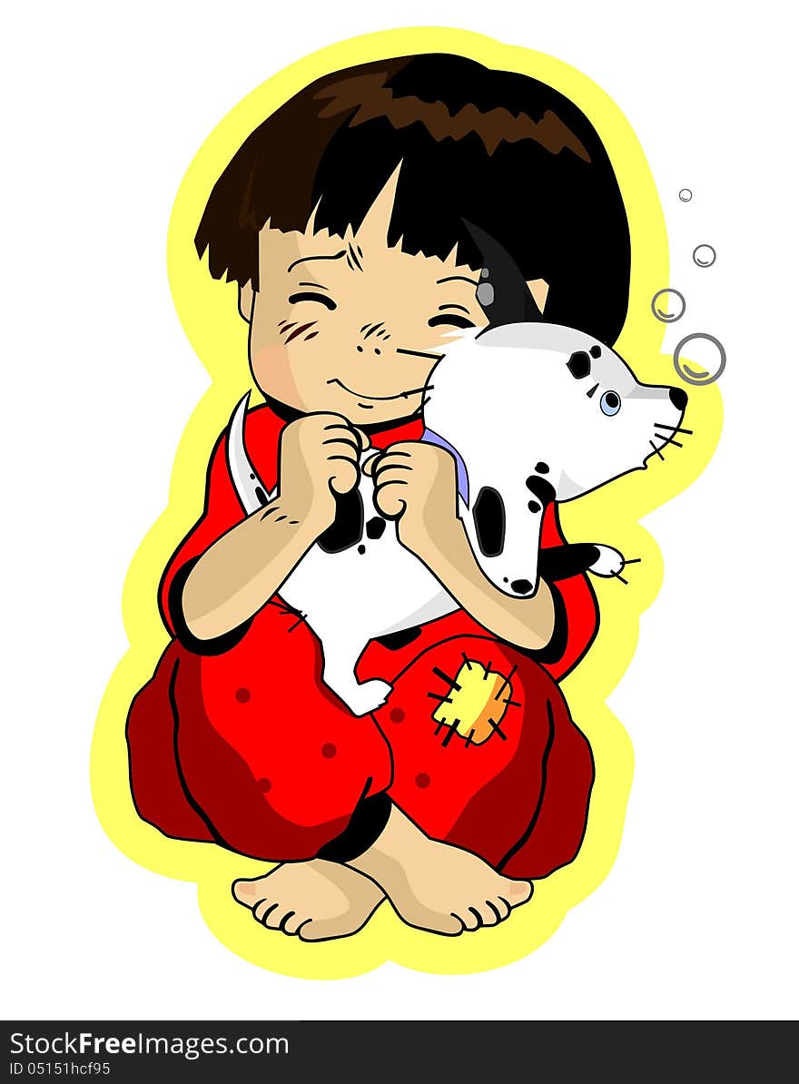 Amusing Children's illustration. Child plays with puppy. Amusing Children's illustration. Child plays with puppy