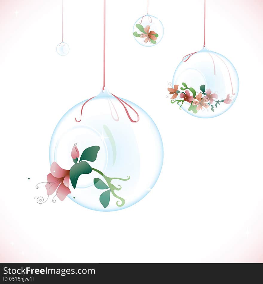 Elegant decoration - glass balls with flowers. Multi proposal event decoration - round glass vases with flowers inside. Elegant decoration - glass balls with flowers. Multi proposal event decoration - round glass vases with flowers inside.