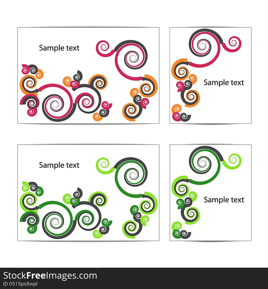 Abstract curved shapes contained in the card or business card or ticket. Vector format. Warm colors and green colors. Business card pack. Abstract curved shapes contained in the card or business card or ticket. Vector format. Warm colors and green colors. Business card pack.