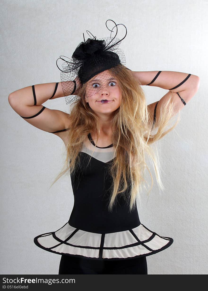 Pre-teen Dancer Posing With Black & White Dance Costume. Pre-teen Dancer Posing With Black & White Dance Costume