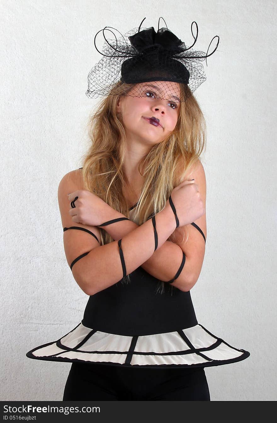 Pre-teen Dancer Posing With Black & White Dance Costume. Pre-teen Dancer Posing With Black & White Dance Costume