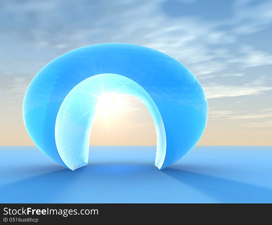 A surreal crystal blue doorway arch on a lighted horizon. Abstract concept of hope for a perfect opportunity. A surreal crystal blue doorway arch on a lighted horizon. Abstract concept of hope for a perfect opportunity.