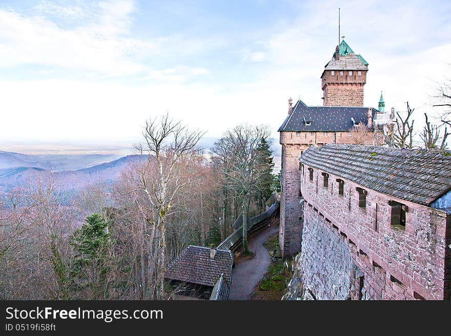 Panorama of the North side of Haut-Koenigsbourg Castle of German Kaiser Willem II on the Alsatian Valley, Est of France