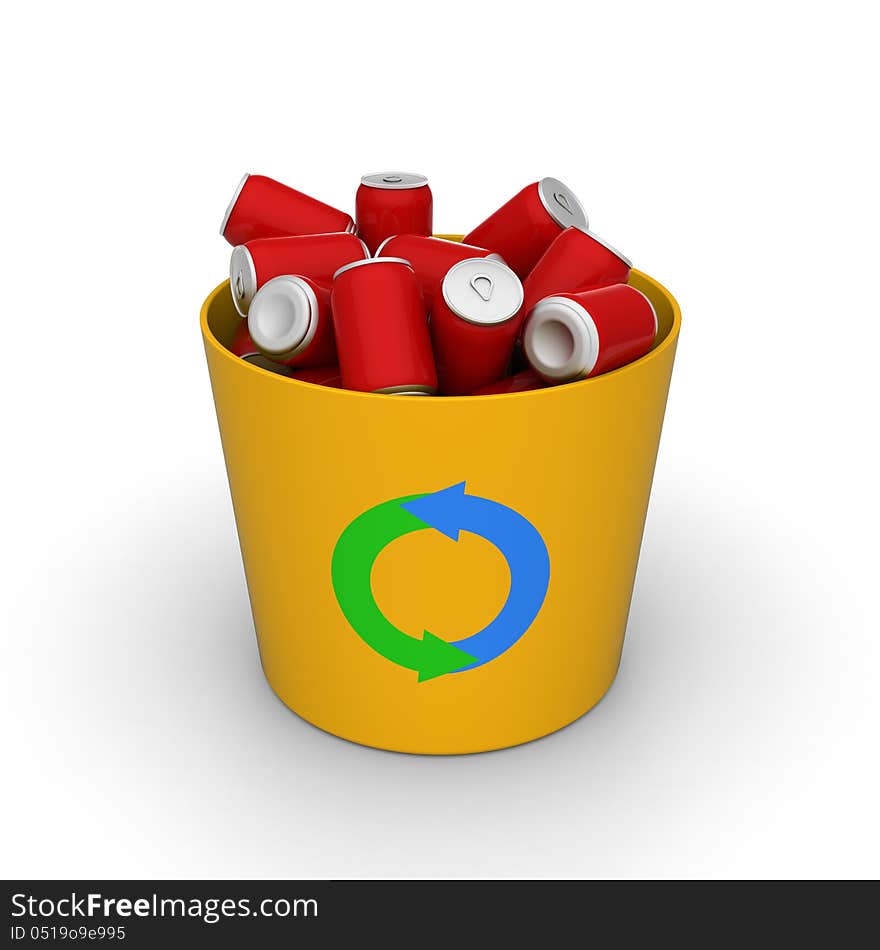 3D model of red cans in a yellow recycle bin to present about environment conservation. 3D model of red cans in a yellow recycle bin to present about environment conservation