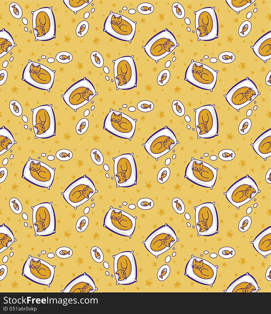 Seamless pattern with cute little cat dreaming of fish, in yellow colors