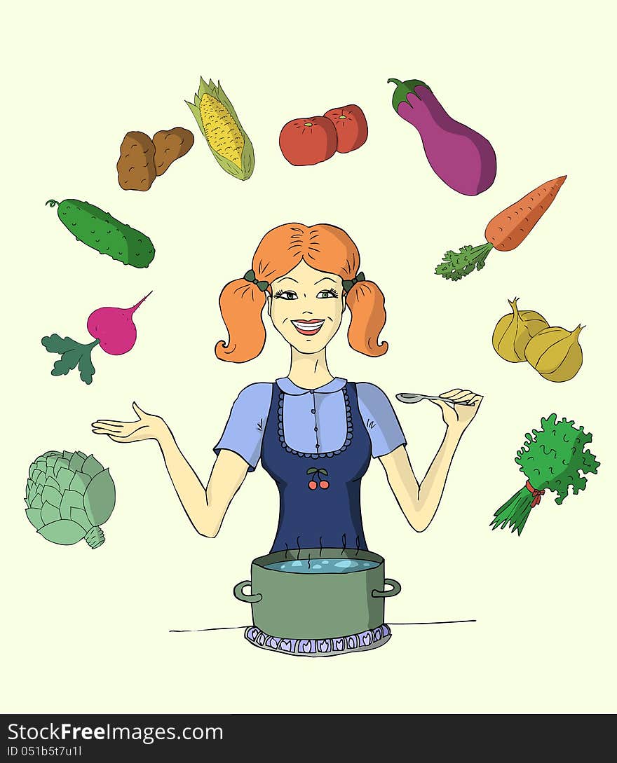 The beautiful young girl juggling with vegetables. The beautiful young girl juggling with vegetables