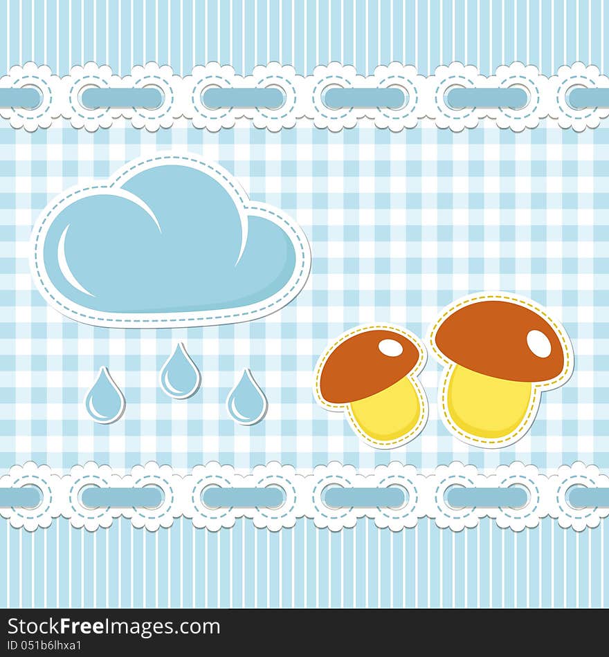 Blue checked background with mushroom and sunshower. Editable vector illustration. Blue checked background with mushroom and sunshower. Editable vector illustration