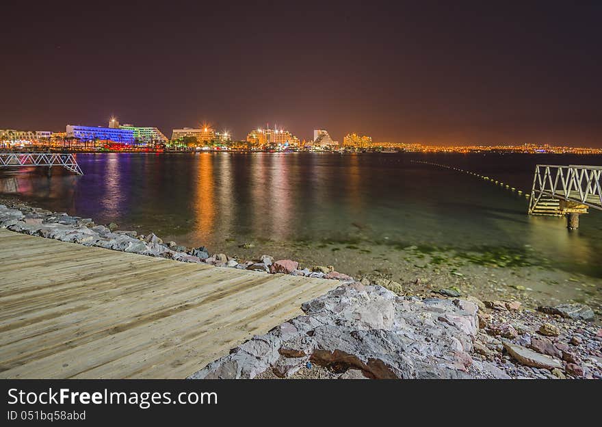 Night view on hotels and marina, Eilat