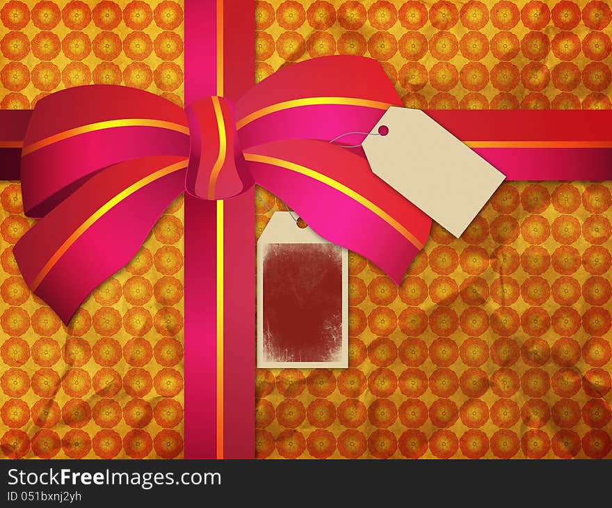 Illustration of holiday greeting card with the red bow and tags. Illustration of holiday greeting card with the red bow and tags.