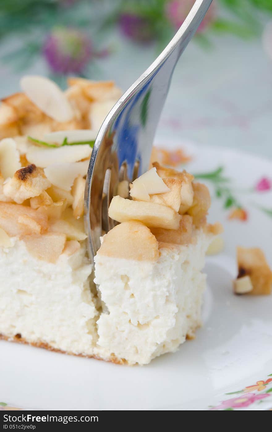 Piece Of Cottage Cheese With Apple Pie With A Fork Closeup