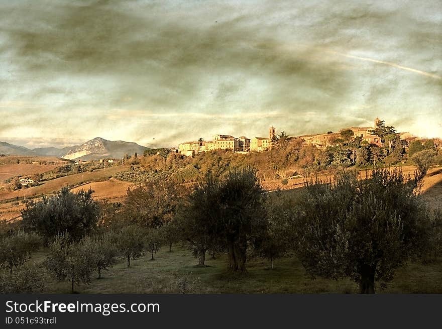 Old town view and mountain landscape with grunge texture. Old town view and mountain landscape with grunge texture