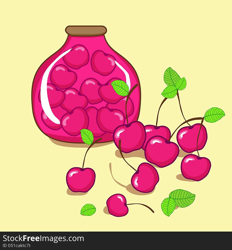 Vector illustration of cherry jam with cherry on yellow background