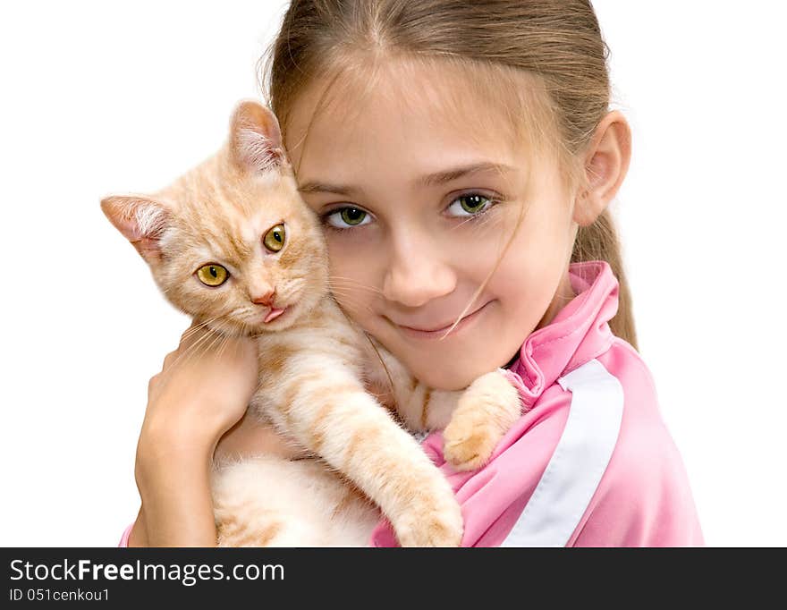 The girl with a red kitten of breed Scottish-straight are photographed on the white background