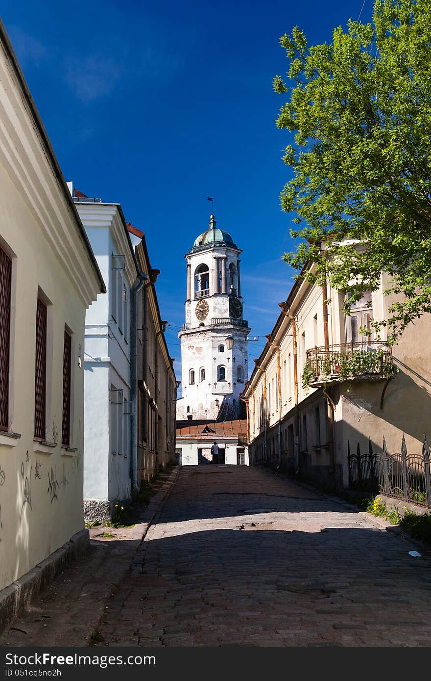 Old Tower With Clock In Vyborg, Russia