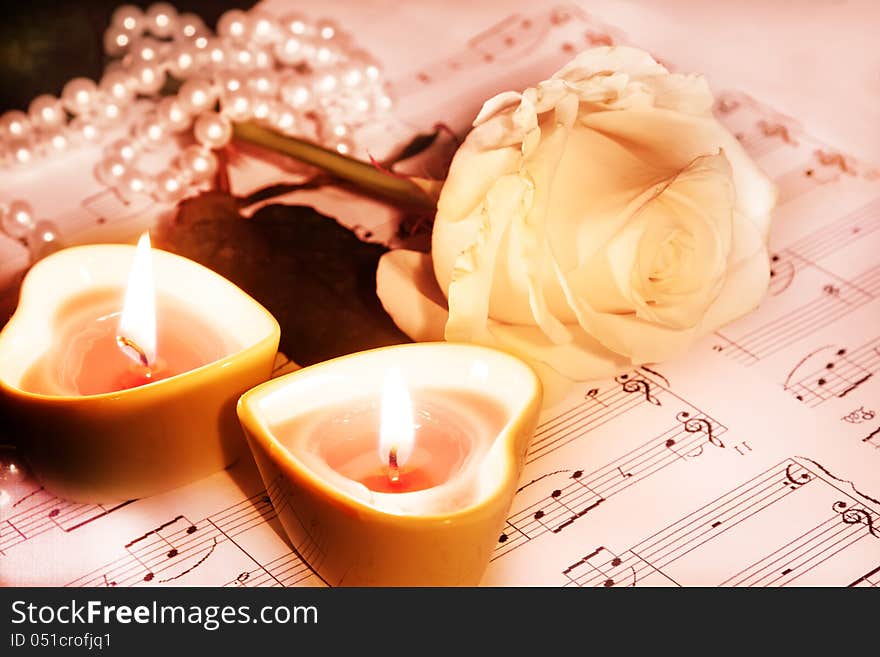 Valentine Concept. Rose And Two Heart  Candles