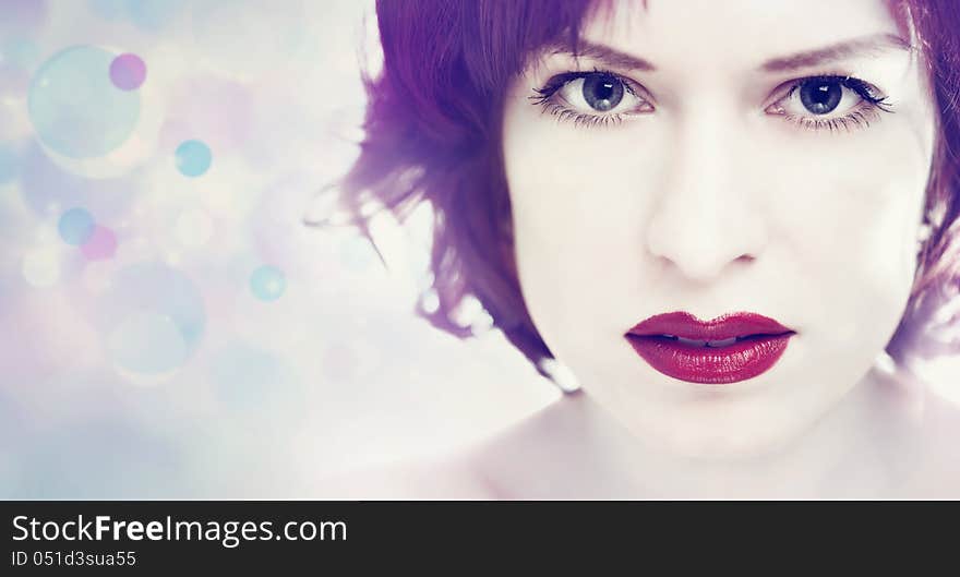 Red lipstick. Beauty white woman portrait