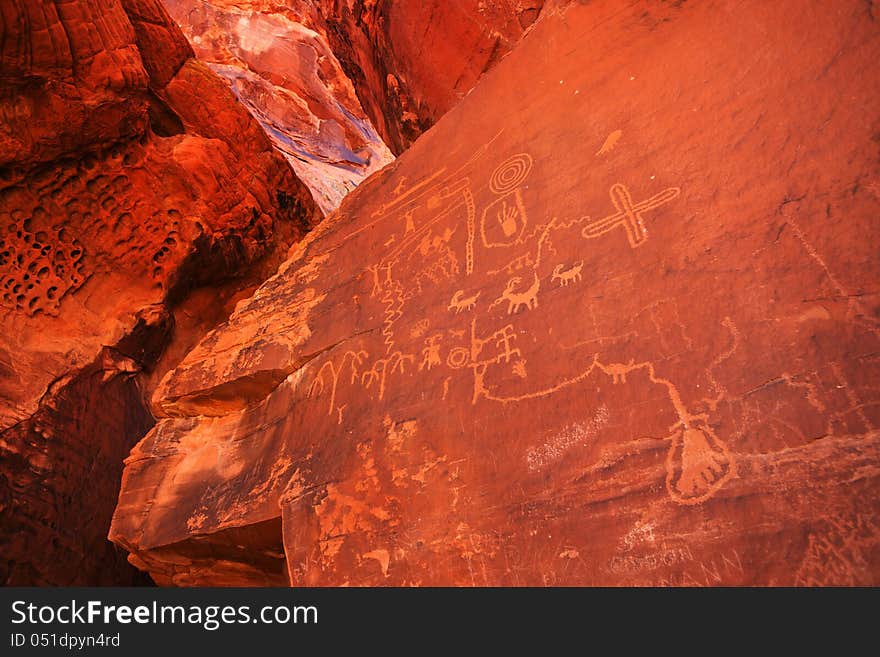 Ancient Petroglyphs on Snadstone, Valley of Fire State Park, Nevada