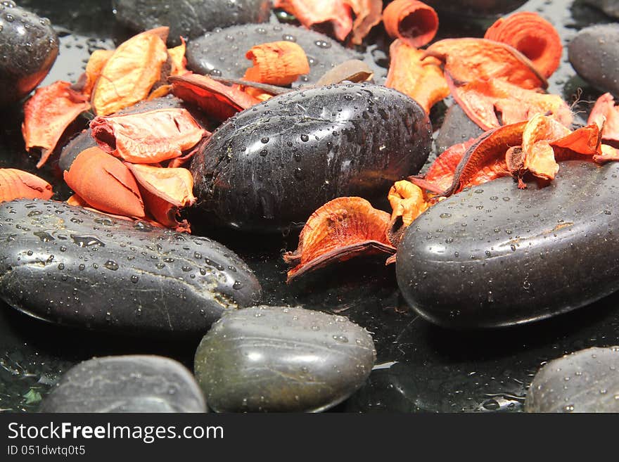 Black stones and flowers on a background