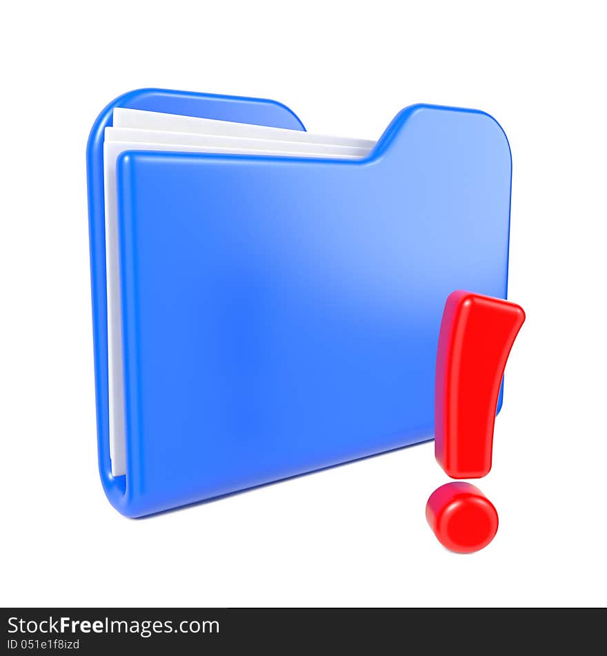 Blue Folder with Red Exclamation Sign. Isolated on White.