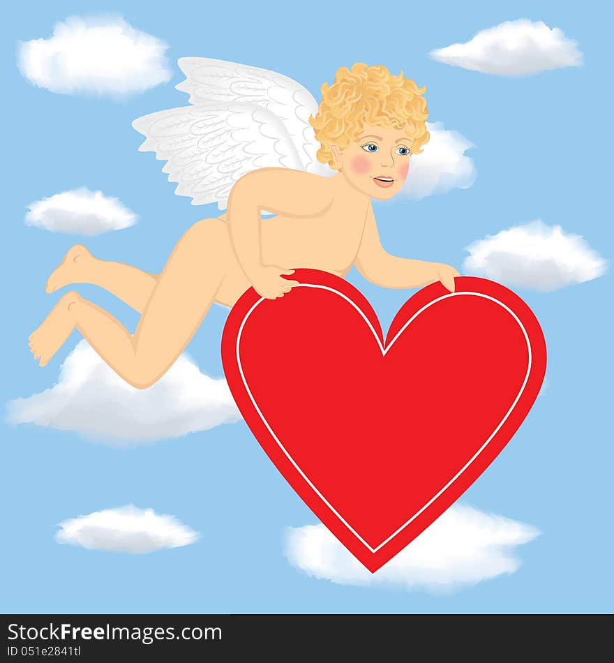 Cupid fly in the sky and hold Valentine card shaped heart