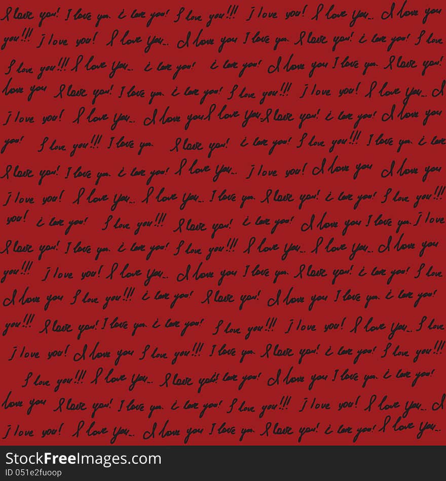 Seamless Valentines red background with hanwritting text. I love you