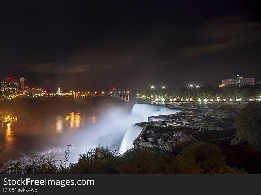 American Falls and Niagara Falls City in Canada at night