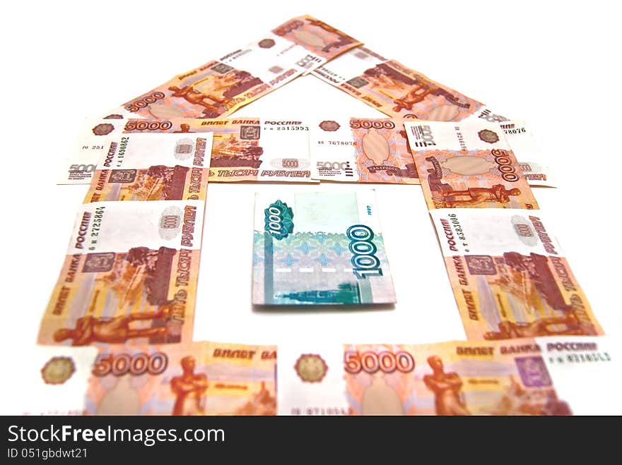 Banknotes building on white background