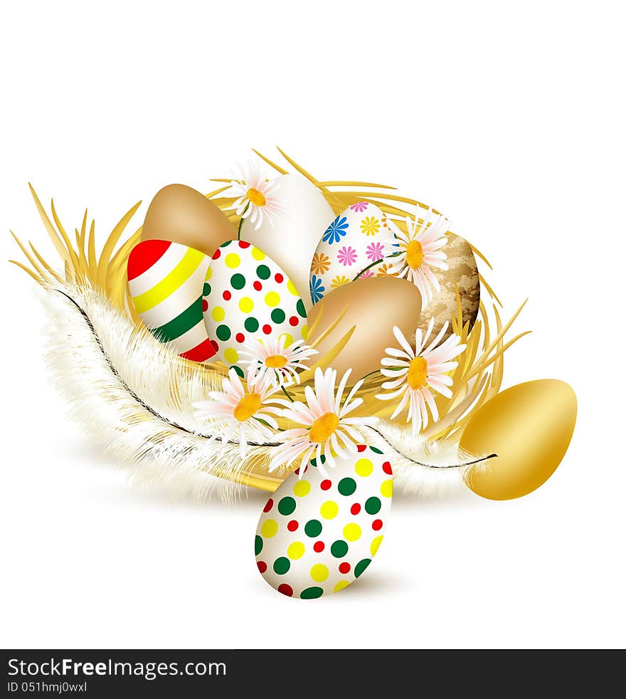 Colorful vector  easter eggs in nest with ferns on a white backg