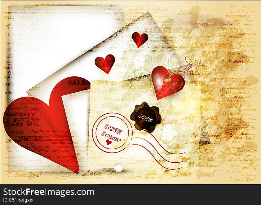 Valentine vector Cute grunge valentine background with red heart, paper and words