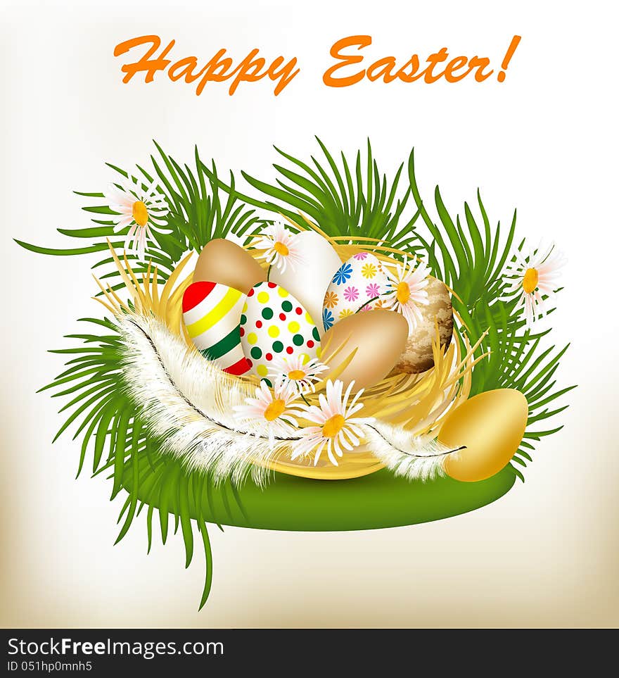 Easter greeting card with colorful eggs, green grass and nest