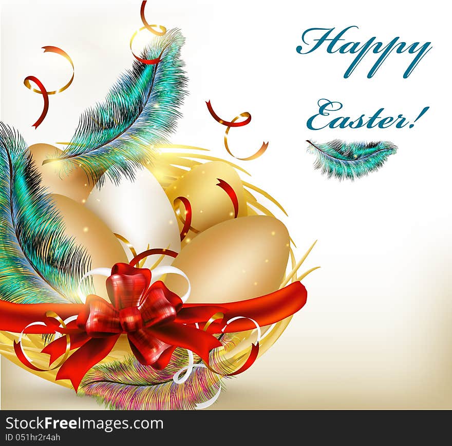 Pretty Easter greeting card with nest, eggs and ferns