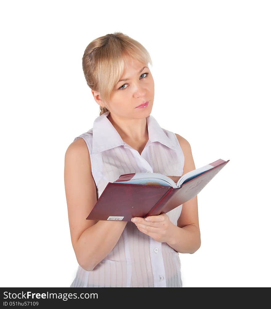 Beautiful business woman with red notebook.