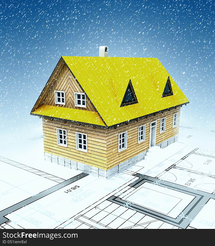 Classical mountain cottage with layout plan and falling snow illustration