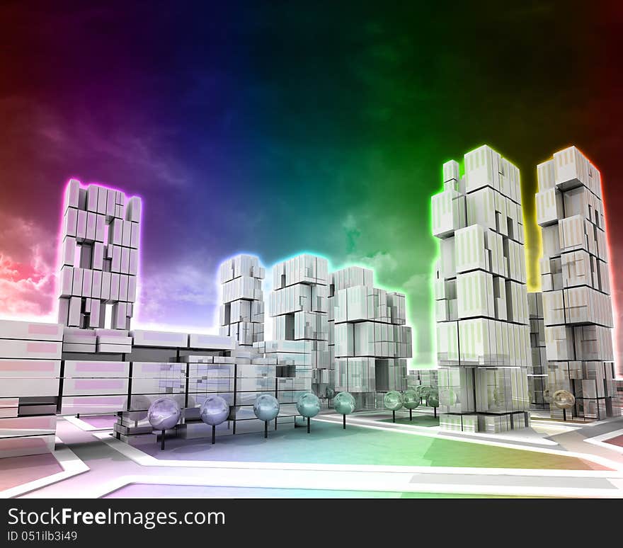 Futuristic skyscraper city rainbow vertically colored