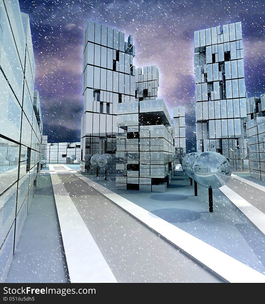 Business skyscrapers city at winter snowfall illustration