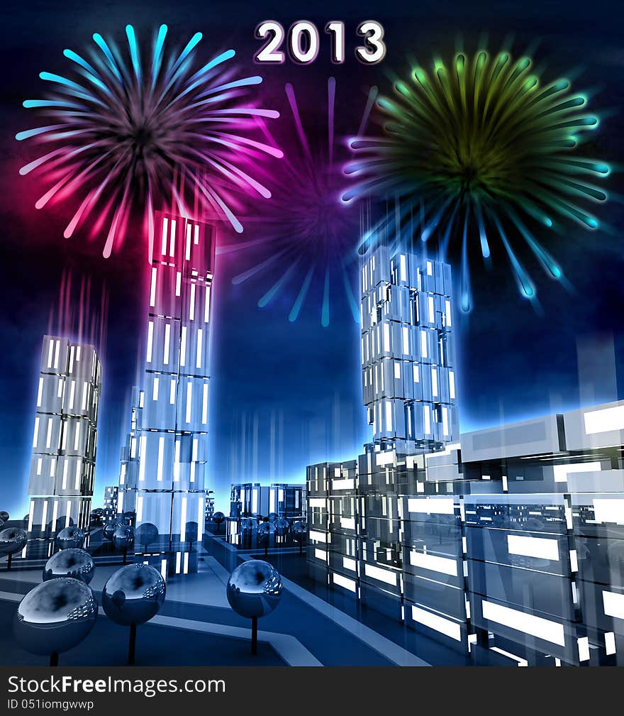 Modern city with alighted windows celebrate new year 2013