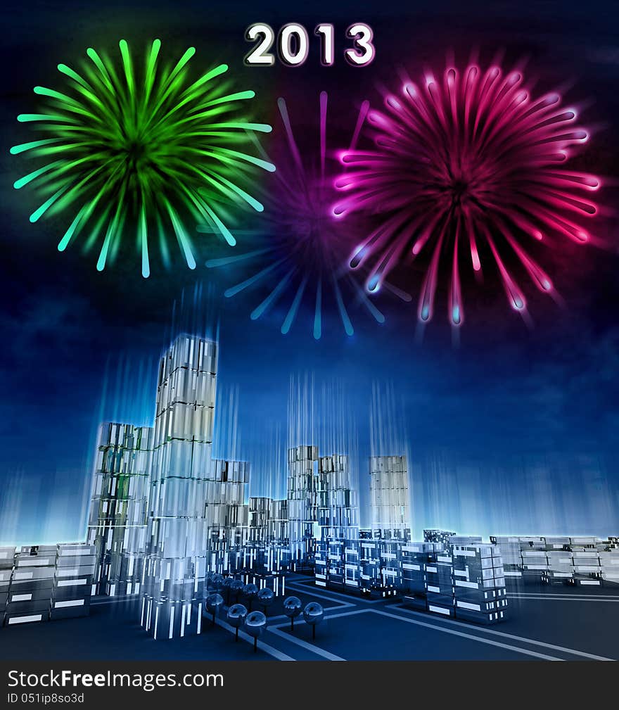 Futuristic business city and 2013 new year celebration illustration